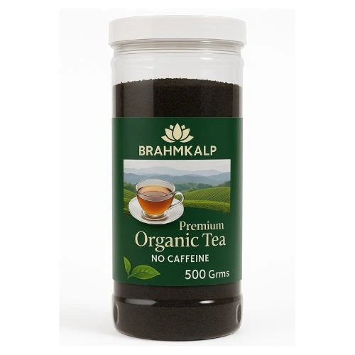 Brahmkalp 500g Premium Organic Tea jar with no caffeine, displayed on a white background, highlighting its natural and pure herbal composition.