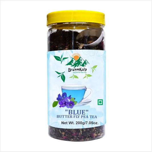 Front view of Brahmkalp Blue Butterfly Pea Tea 200g pouch featuring vibrant blue floral graphics and health benefits.