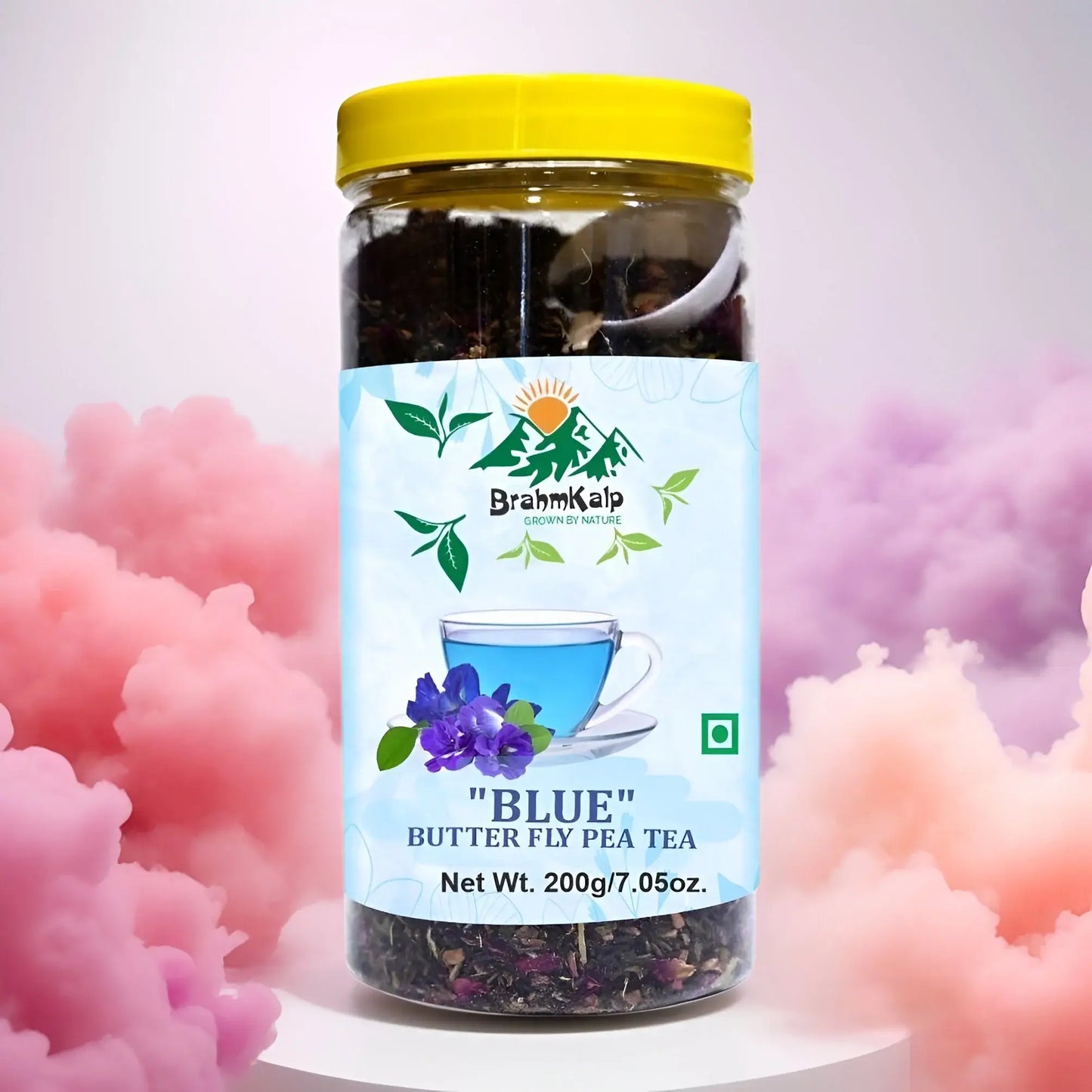 Front view of Brahmkalp Blue Butterfly Pea Tea 200g pouch with vivid blue flower graphics and wellness highlights.