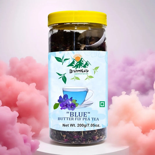 Front view of Brahmkalp Blue Butterfly Pea Tea 200g pouch with vivid blue flower graphics and wellness highlights.