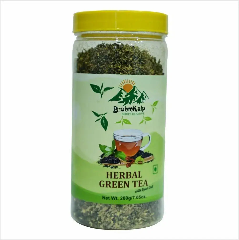 Brahmkalp Herbal Green Tea 200g pack with leafy and floral artwork promoting a natural wellness blend.