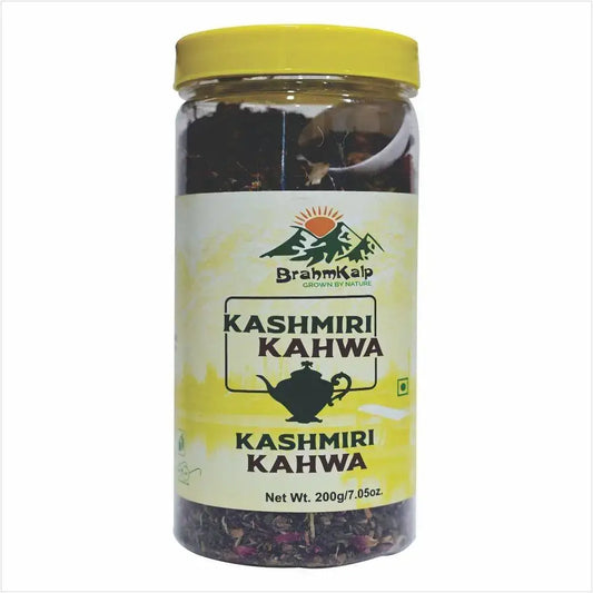 Brahmkalp Kashmiri Kahwa Tea 200g pouch featuring saffron and traditional Kashmiri motifs.