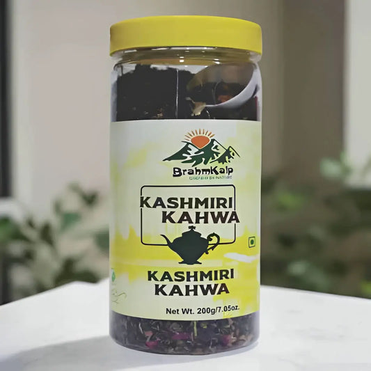 Aromatic Kashmiri Kahwa Tea from Brahmkalp with golden tones and spiced wellness blend packaging.
