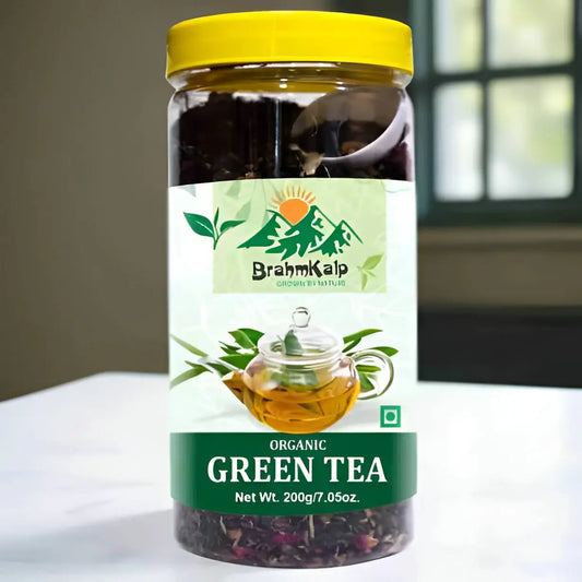 Organic Green Tea by Brahmkalp in a 200g eco-friendly pouch with green and nature-inspired design.