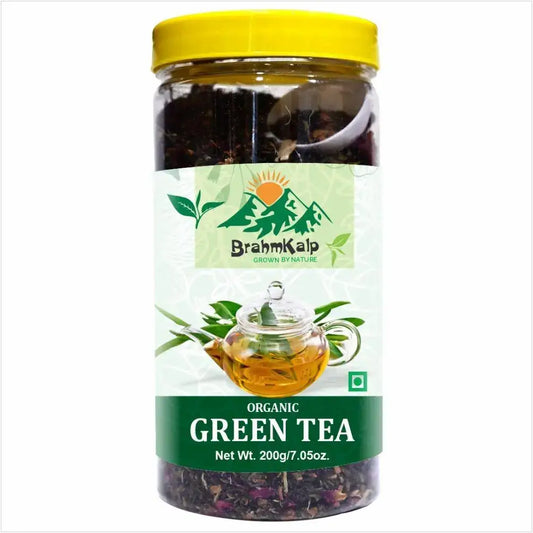 Healthy and refreshing Brahmkalp Organic Green Tea pack, highlighting purity and antioxidants.