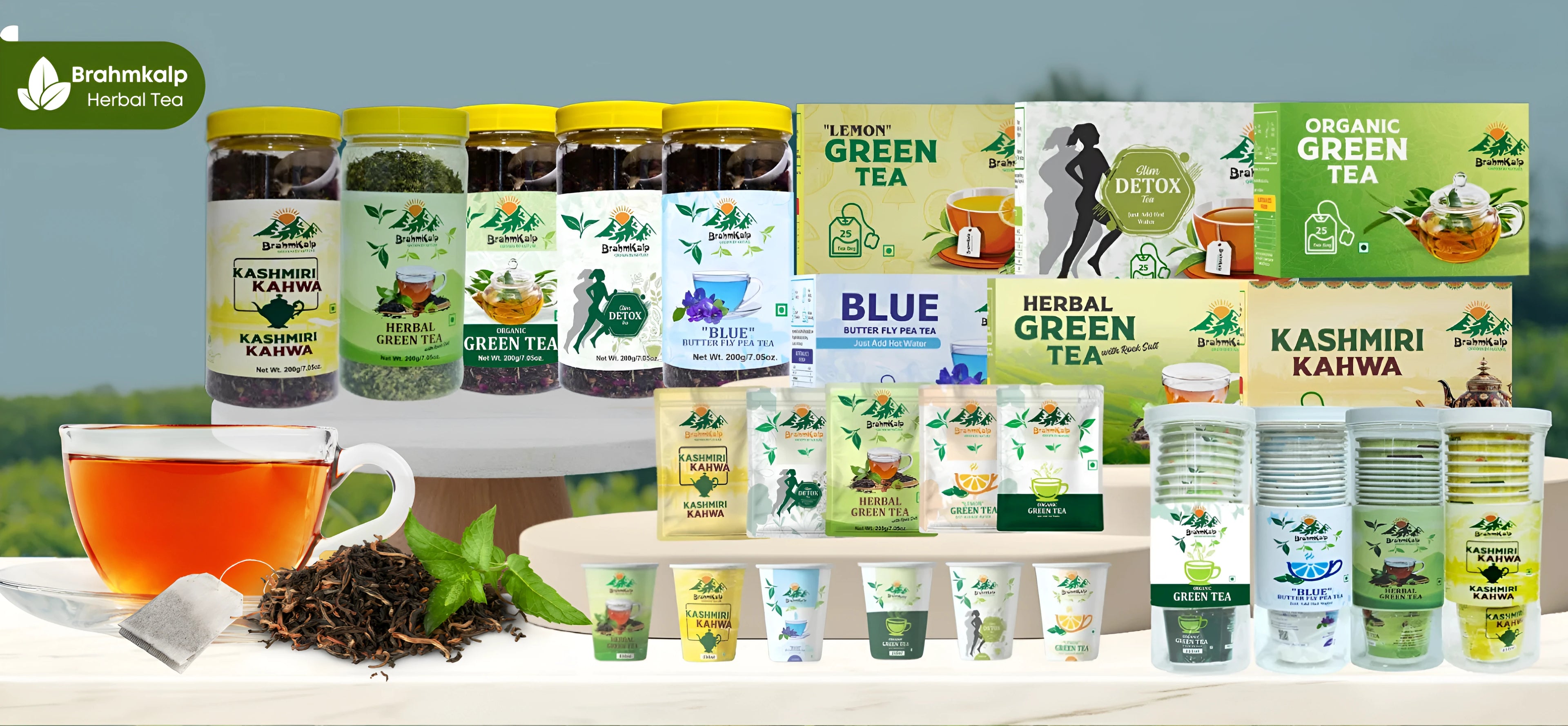 Brahmkalp® Herbal Tea Range – Kashmiri Kahwa, Organic Green Tea, Detox Tea, Butterfly Pea Tea, and Ready-to-Use Herbal Tea Cups