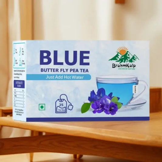 Front view of Brahmkalp Blue Tea Box – 25 herbal tea bags for stress relief and blood sugar balance