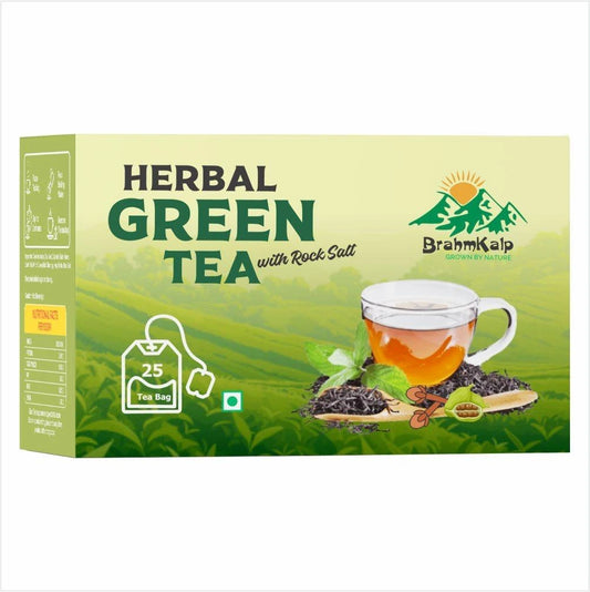 Brahmkalp Herbal Green Tea Bags with Rock Salt – 25 tea bags for diabetic-friendly digestion and detox support.
