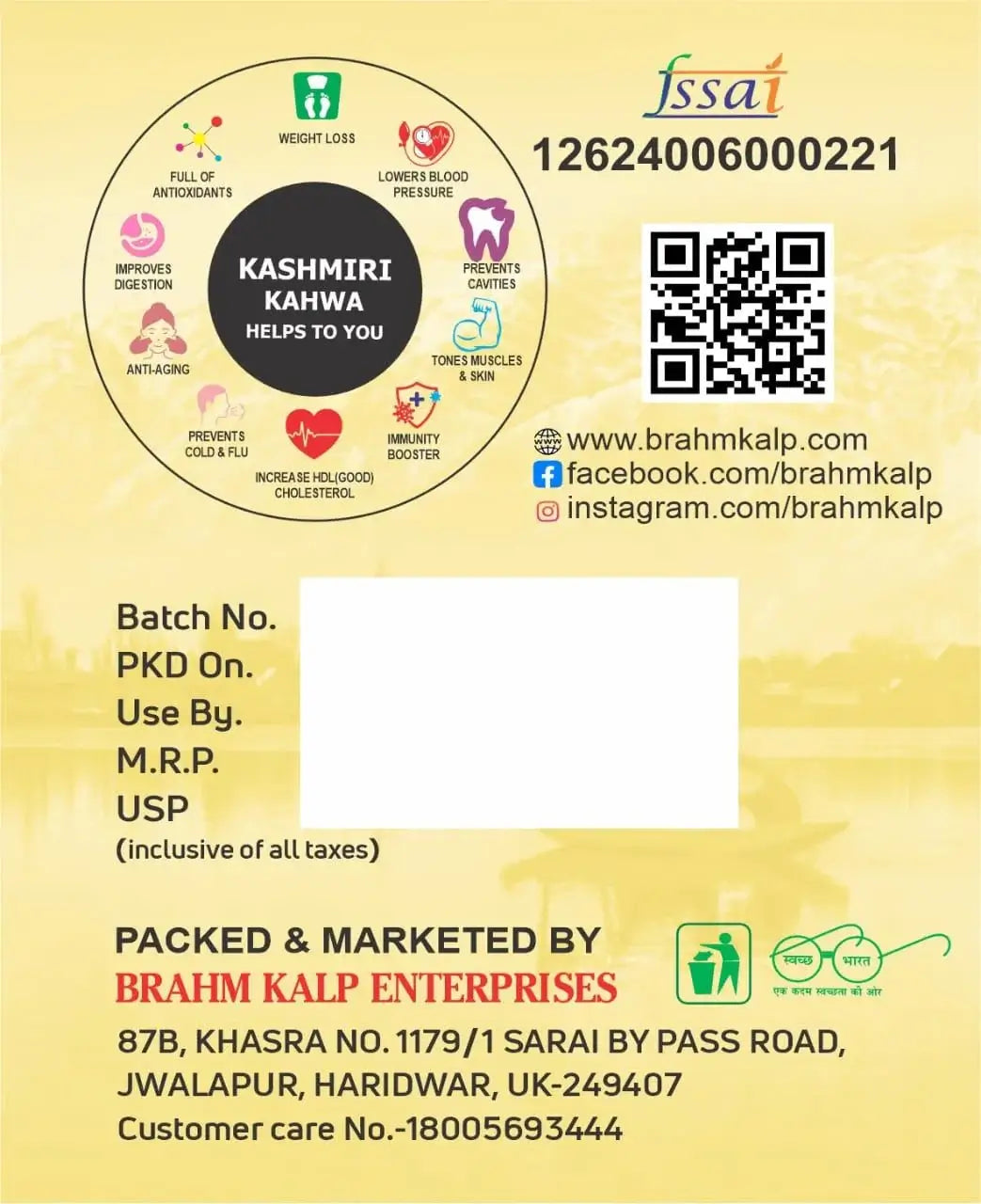 Brahmkalp Kashmiri Kahwa Tea Benefits Chart - Herbal Green Tea for Weight Loss, Digestion, Immunity, and Anti-Aging