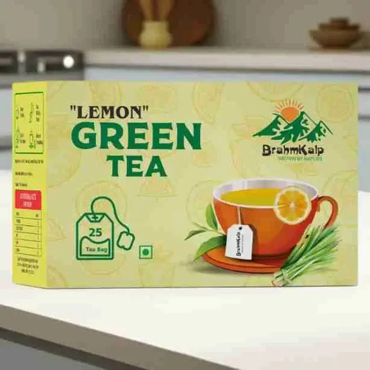 Front view of BrahmKalp Lemon Green Tea box with 25 tea bags, featuring lemon and lemongrass illustration