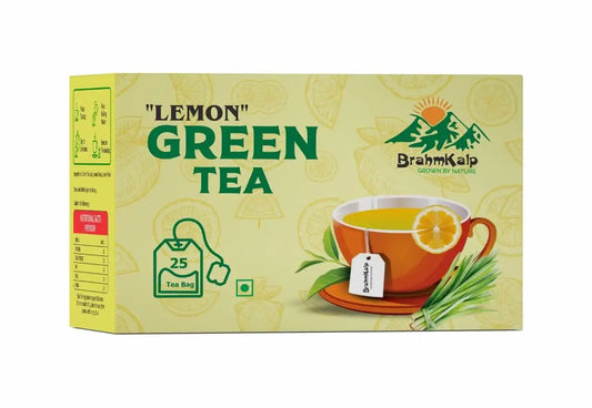 Side angled view of BrahmKalp Lemon Green Tea box showcasing ingredients and brewing steps