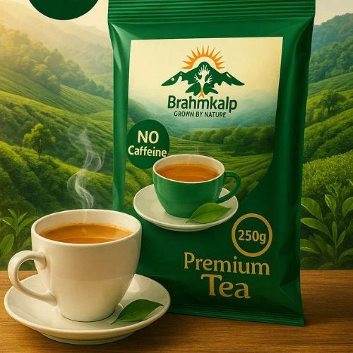 Brahmkalp Premium Tea 250g with steaming tea cup on wooden table and scenic tea plantation background – 100% natural, caffeine-free herbal tea