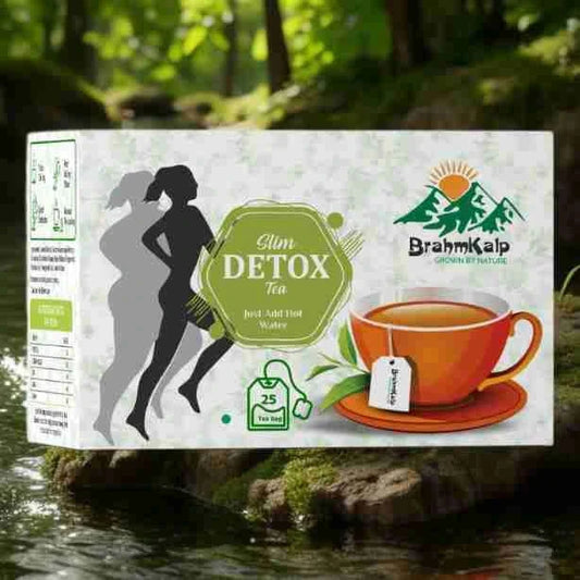 Brahmkalp Slim Detox Tea box placed outdoors in a natural setting - Ayurvedic herbal tea for cleansing and wellness