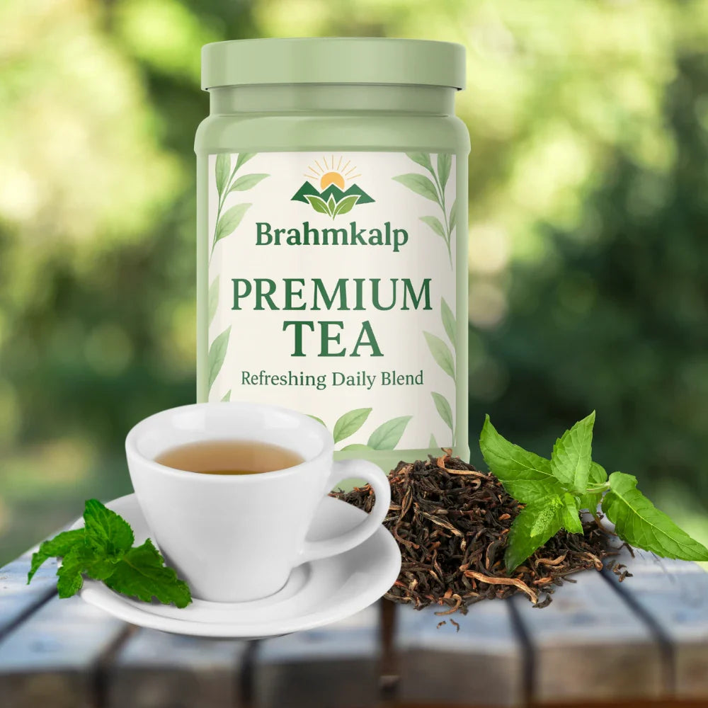 Brahmkalp Premium Tea jar with a refreshing label, placed alongside a cup of freshly brewed tea, loose tea leaves, and mint leaves on a wooden surface with a green nature background.