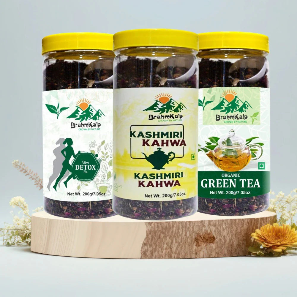 Brahmkalp Wellness Tea Packs – 200g Loose Leaf Organic Green Tea, Slim Detox Tea, and Kashmiri Kahwa for Daily Health Rituals. Perfect for detox, weight management, and boosting immunity with natural herbal blends.