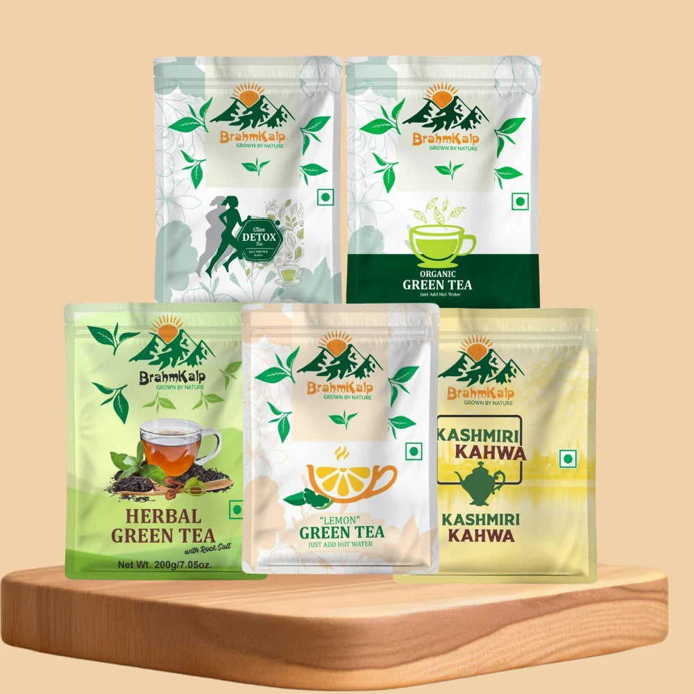 Brahmkalp Tea Bag Infusions – Herbal Green Tea, Lemon Green Tea, Organic Green Tea, Detox Tea, and Kashmiri Kahwa in eco-friendly pouches on display