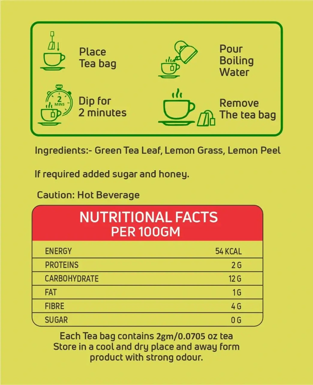 Brewing instructions and nutritional facts for BrahmKalp Lemon Green Tea with ingredients and usage tips