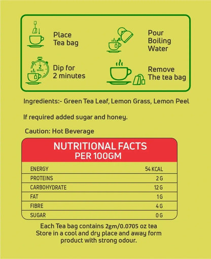 Brewing instructions and nutritional facts for BrahmKalp Lemon Green Tea with ingredients and usage tips