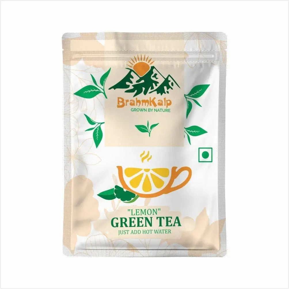 BrahmKalp Lemon Green Tea in a resealable white pouch with lemon slice and green leaf design