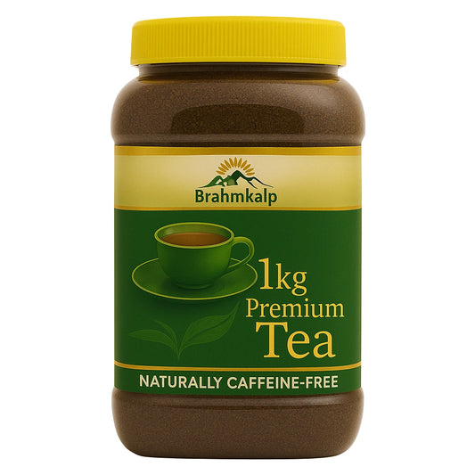 Brahmkalp Premium Organic Tea 1kg jar with yellow cap and green label, featuring a caffeine-free health beverage in a clean product shot on a white background for e-commerce listings.