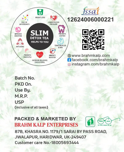 Back label of Brahmkalp Slim Detox Tea highlighting health benefits like weight loss, improved digestion, immunity boost, and anti-aging.