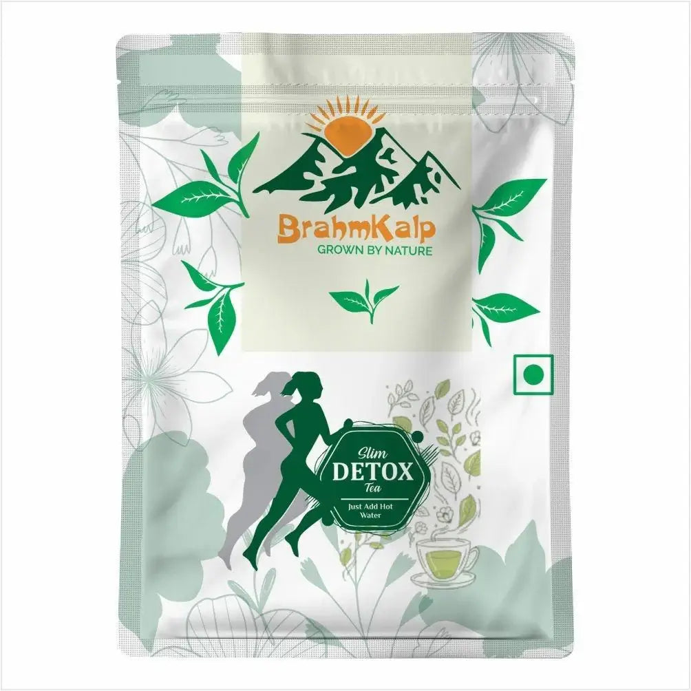 Front view of Brahmkalp Slim Detox Tea Pouch - Herbal weight loss and detox tea made with natural ingredients, just add hot water.
